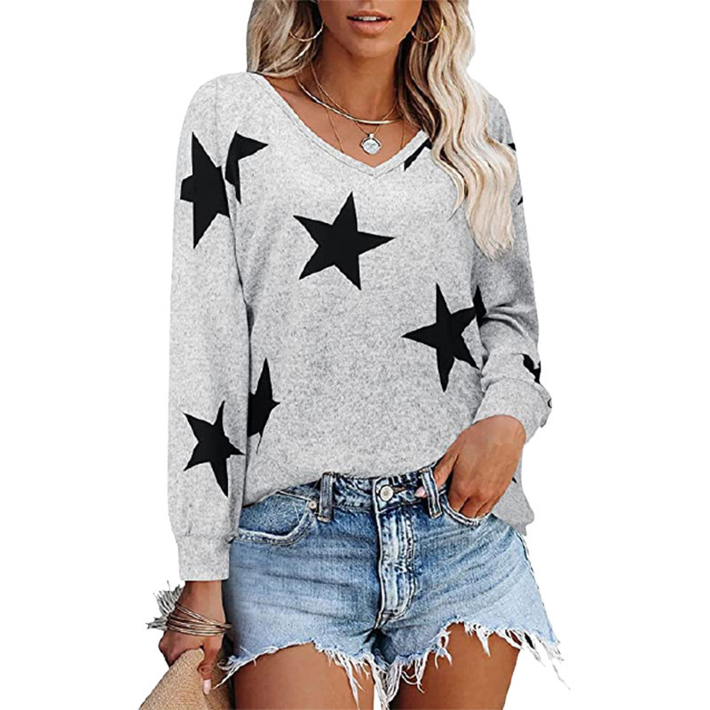 Women’s Autumn And Winter Long Sleeve Sweater Hoodies Five Pointed Star Printed V-Neck T-shirt Women Pullover Sweatshirts alx