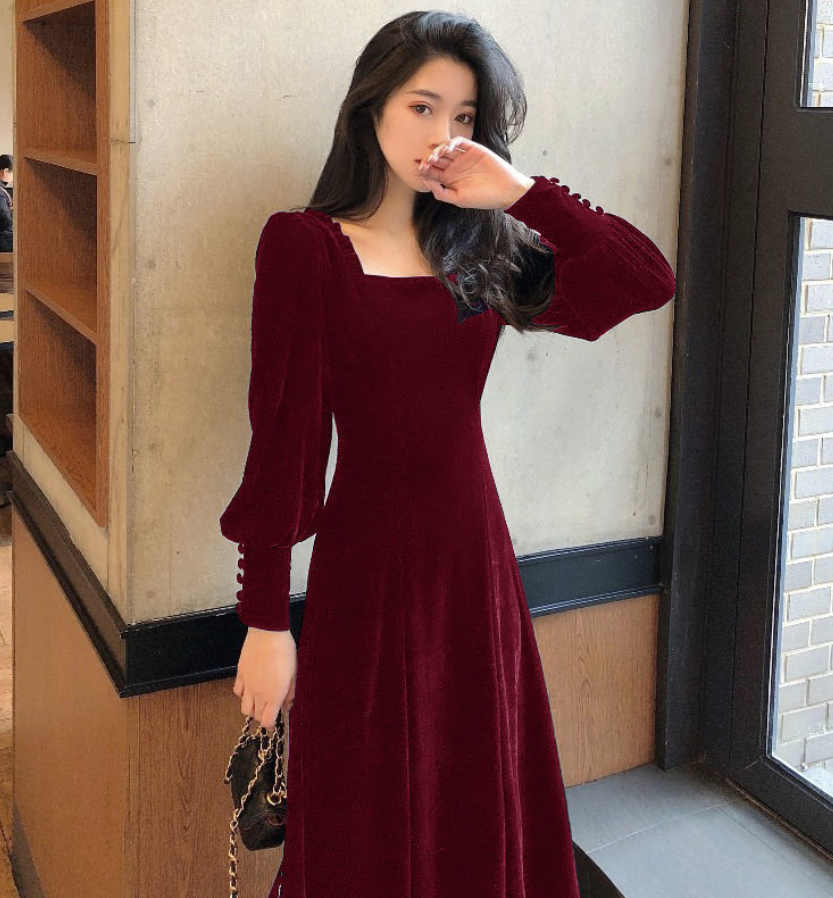 Women Dresses Square Collar Mid-Length Long Sleeve Velvet Dress for Women Autumn Winter New Vestido De Mujer alx