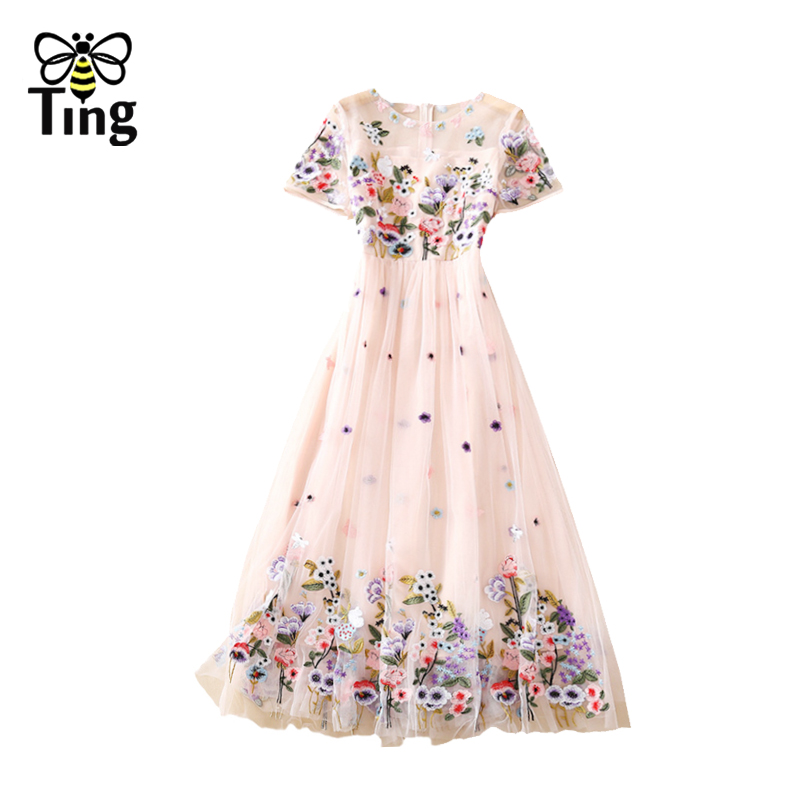 Tingfly Vintage Elegant Flower Embroidery Pink Sheer Party Dresses Summer A Ling Midi Long Vestidos Plus Size 2XL Elbise Robes alx