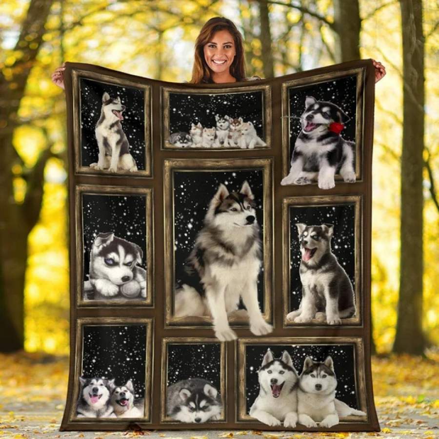 3D HUSKY DOG BLANKET, SNOW SKY THROUGH WINDOW SIBERIAN HUSKY FLEECE BLANKET