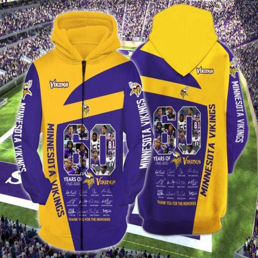 Minnesota Vikings 60 Years of Vikings All Over Print 3D Zipper Hoodie, Minnesota Vikings Apparel