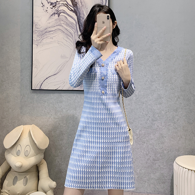 #1032 Blue Plaid Knitted Dress Women V-neck Button Elegant Office Dress Korean Style Vintage Sweater Dress Elegant Autumn Winter alx