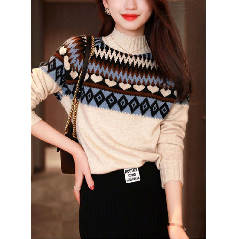 Autumn Winter Fashion Vintage Elegant Geometric Jacquard Half High Collar Thick Knitted Sweater Women Casual Pullover Top Female alx