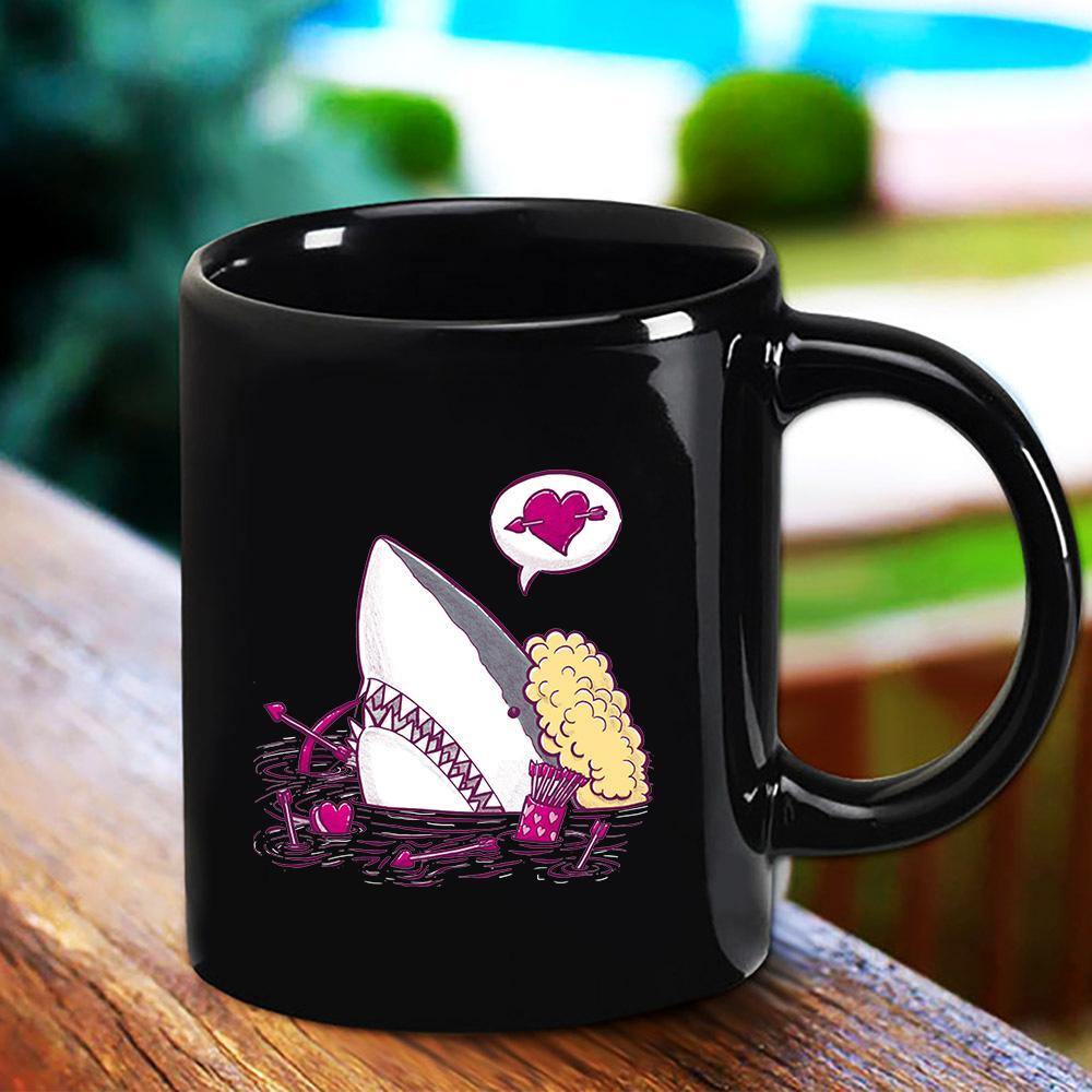 Valentines Cupid Shark Pink Lovers Heart Icon Couple Funny Present Black Mug