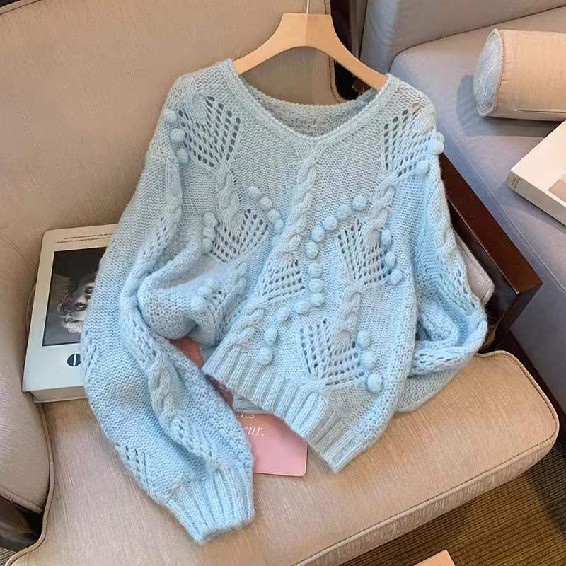 Circyy Spring Autumn Women Sweater O-Neck Hollow Out Long Sleeve Pullovers Sweet Simple Knitted Chic Korean Jumpers Light Blue alx