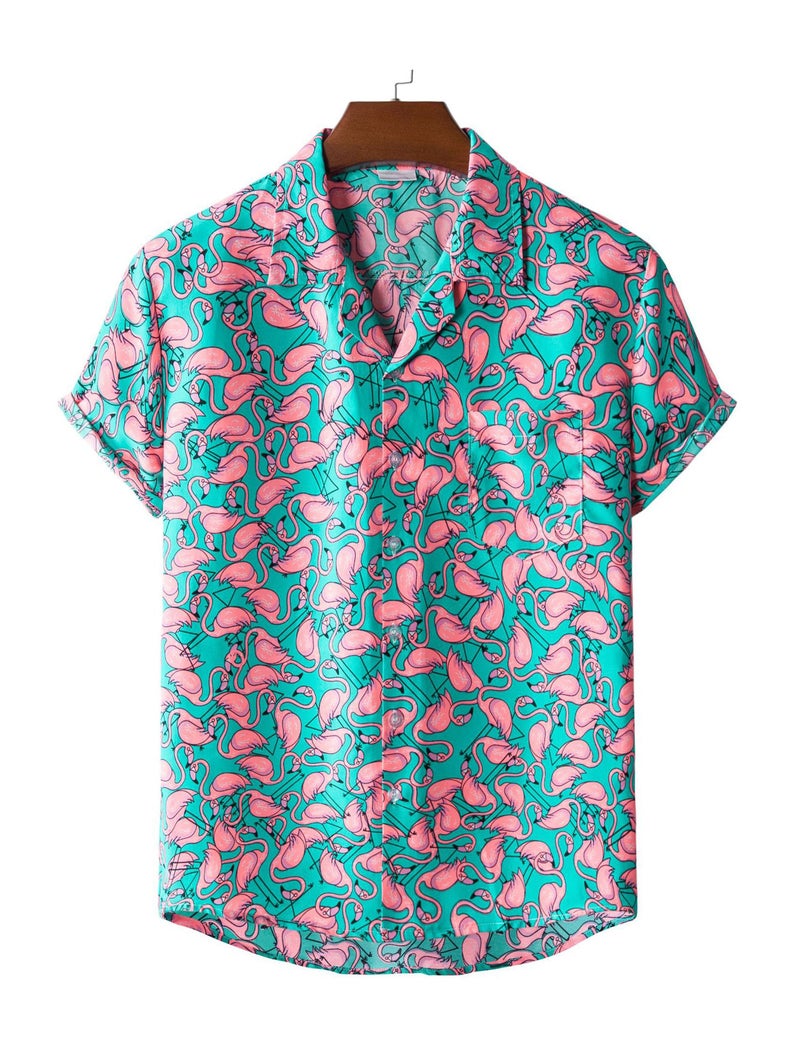 Men’S Flamingo Print Button Short Sleeve Hawaiian Shirt, Mens Hawaiian Shirt, Hawaiian Shirt, Aloha Shirt, Sleeve Hawaiian Shirt,