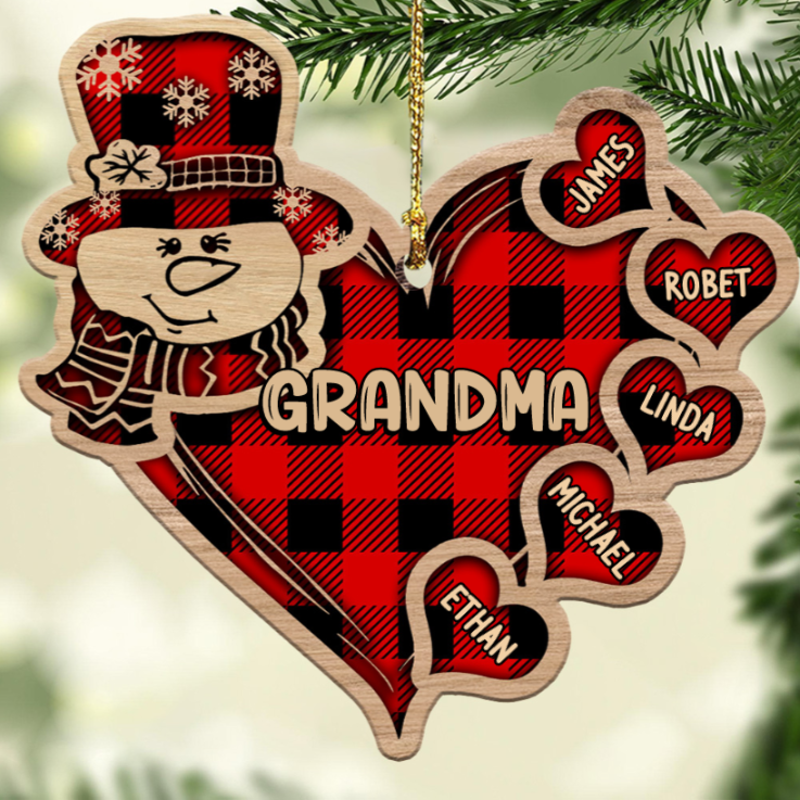 Personalized Christmas Grandma Snowman Heart Wood Custom Shape Ornament