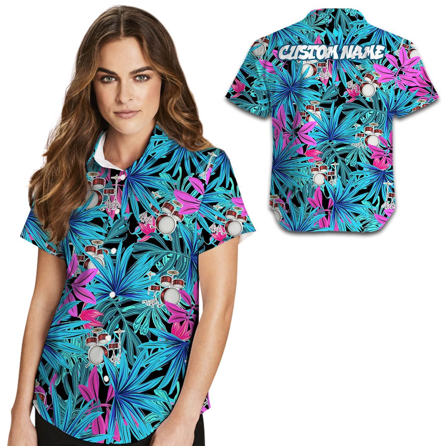 Drums Tropical Leaves Custom Name Women Hawaii Shirt For Music Lovers In Daily Life Ha87554