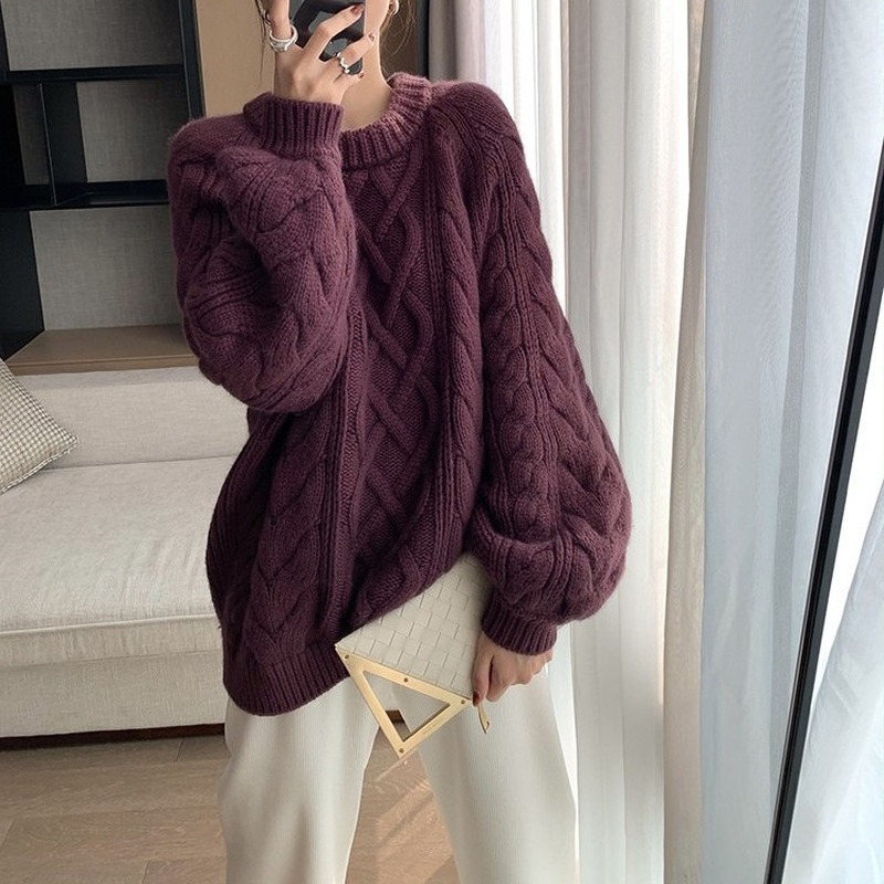 Sweater Women 2022 Fall Winter Warm Cable-knit Vintage Korean Loose Long Sleeve O-neck Pullovers Casual All-match Knitted Tops alx