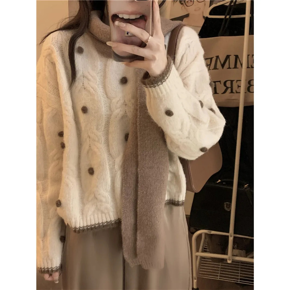 3d Dot Beige Knit Sweater Women Tender Sweet Short Pullovers 2022 Autumn Winter Korea Kawaii Cropped Knitwear Streetwear Clothes alx