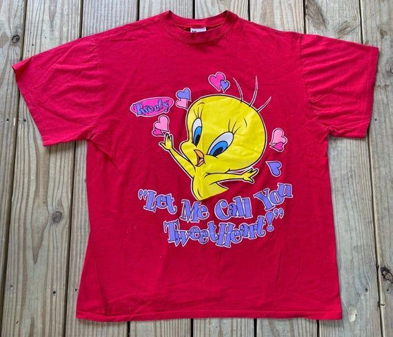 Vintage 90S Tweety Valentines Day Let Me Call You Tweet Heart Red Shirt 1995 Shirt