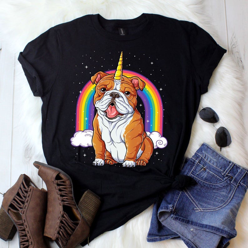 Funny English Bulldog Unicorn Rainbow Gift Dog Lovers Cotton T-Shirt