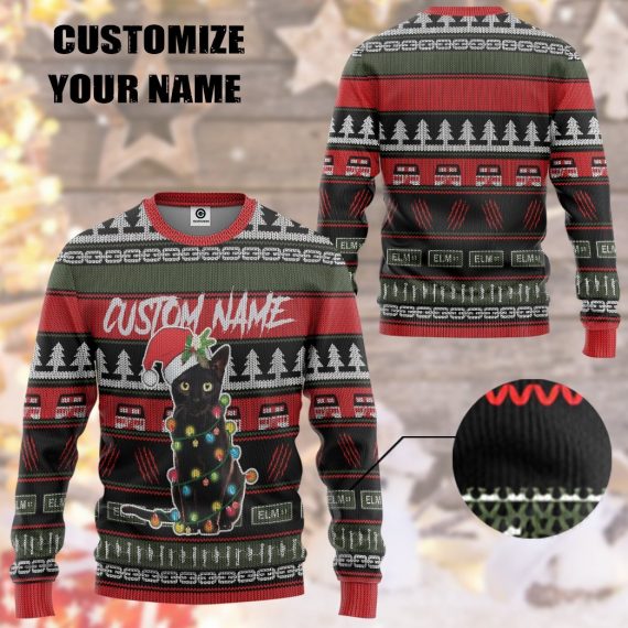 3D Custom Name Black Cat Ugly Christmas All Over Print Unisex Sweatshirt For Cat Lovers