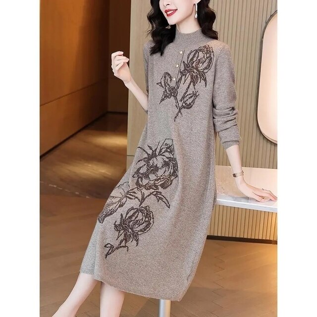 Women’s Wool Dress Long Sleeves Loose Jacquard Knit Knee-Length Dress High Collar Elegant Retro Dress Women’s Clothing alx