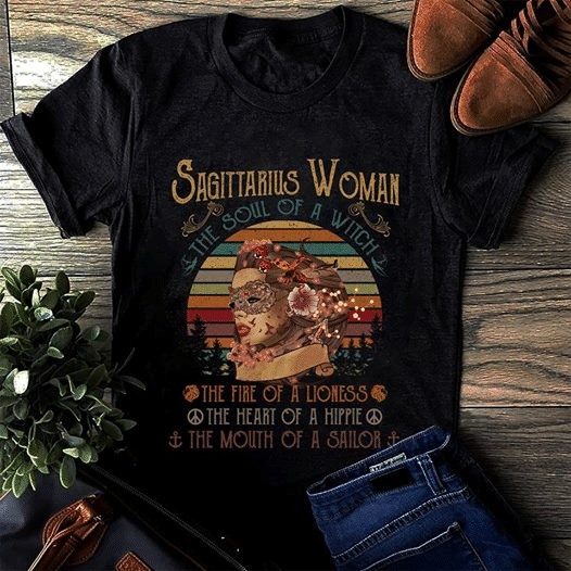 Birthday gift vintage sagittarius woman the soul of a witch the fire of a lioness the heart of a hippie T shirt hoodie sweater H99