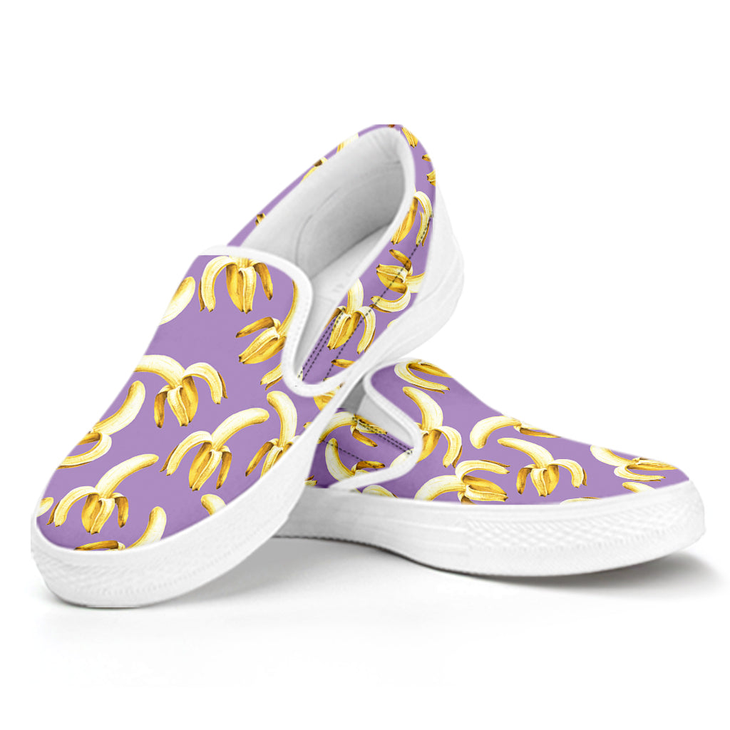 Watercolor Banana Pattern Print White Slip On Shoes