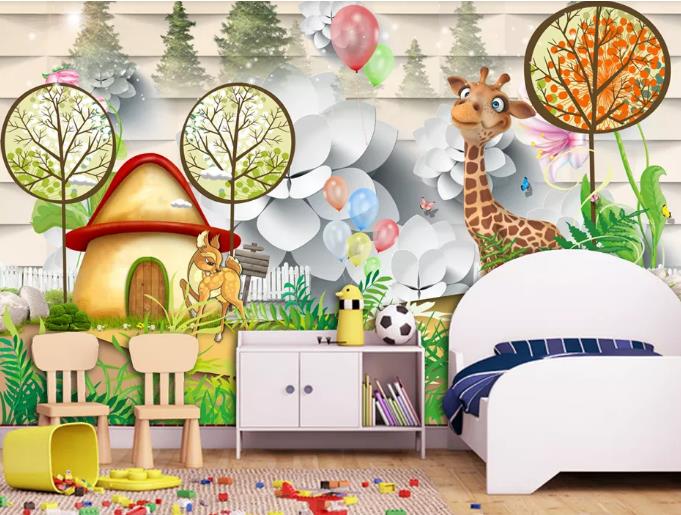 3D Hand Drawn Animal Mushroom House Wall Mural Wallpaper Lqh 258