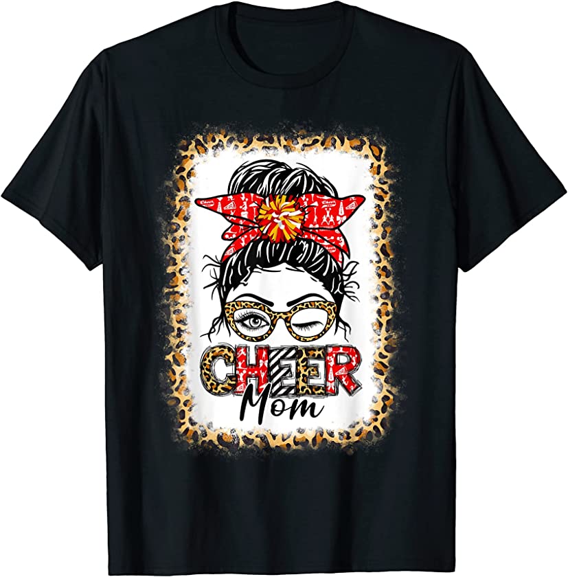 Women Cheer Mom Cheerleading Mama Messy Bun Leopard Bleached T-Shirt