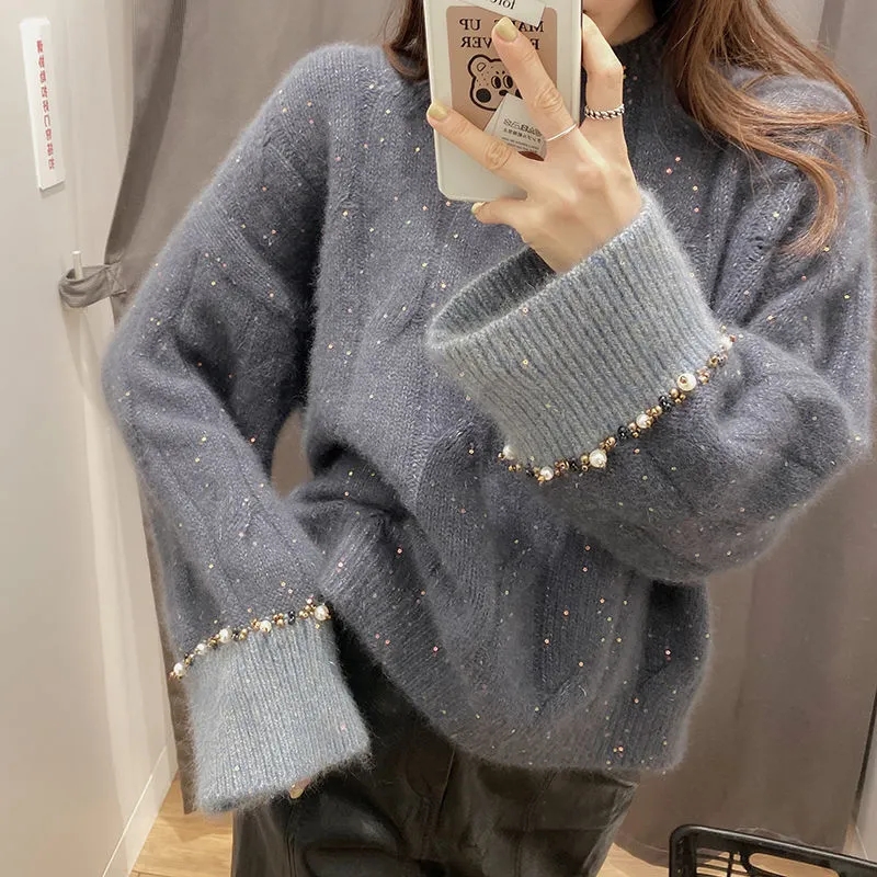 Sweater Women’s Purple Pullover Knitwear Korean Style Beaded Loose Solid Color Top Trending Sweater Autumn and Winter Fashion alx