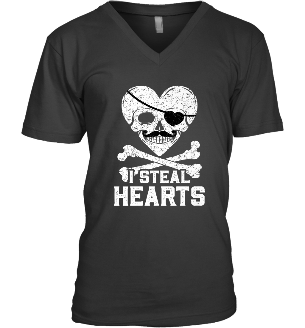 I Steal Hearts Valentine’s Day Pirate Skull Art Graphics Men’s V-Neck
