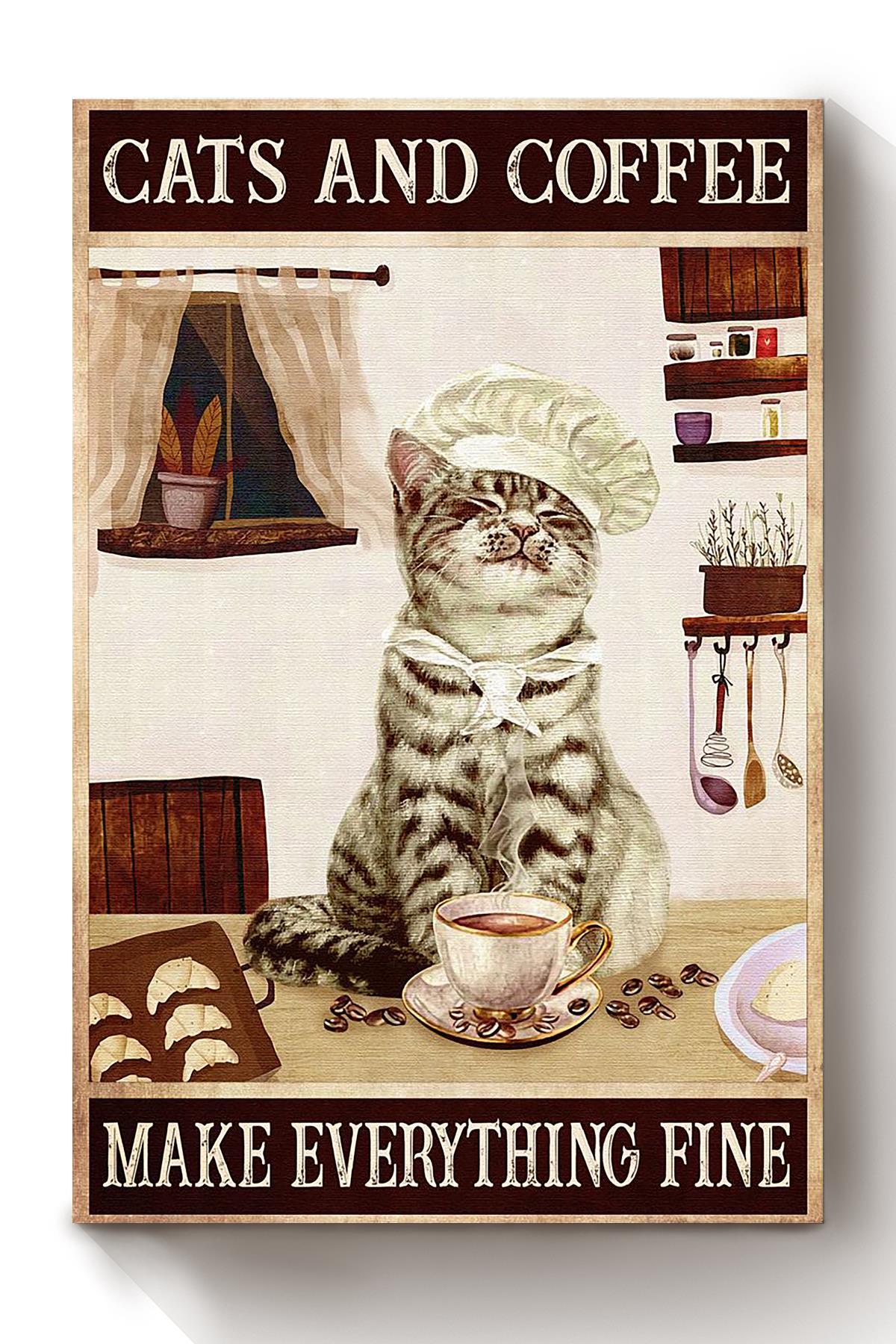 Cat And Coffee Animal Wall Art Gift For Cat Lover International Cat Day Kitten Foster Cafe Decor Canvas