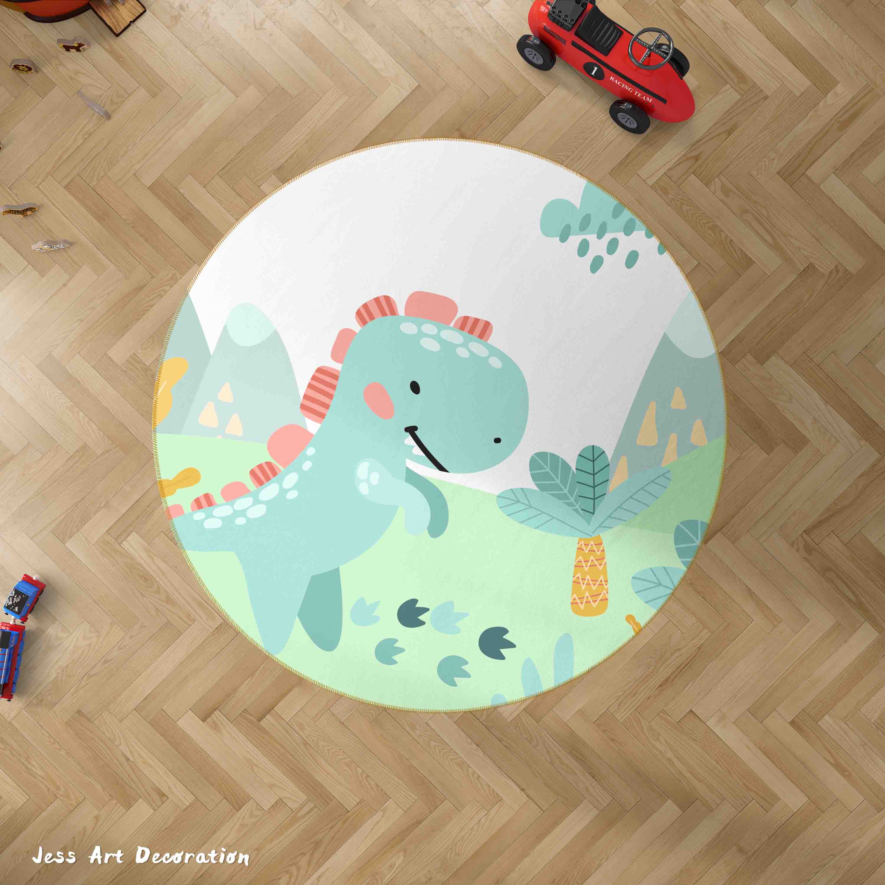 3D Cartoon Animal Dinosaur Volcano Kids Non-Slip Round Rug Mat 50