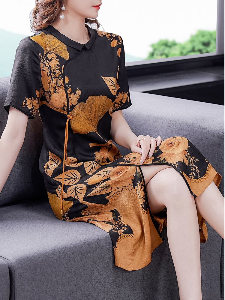 2022 Summer High Class Beautiful Floral Silk Print Dress Women’s Chinese Style Holiday Party Fashion Silk Knee Length Dress alx