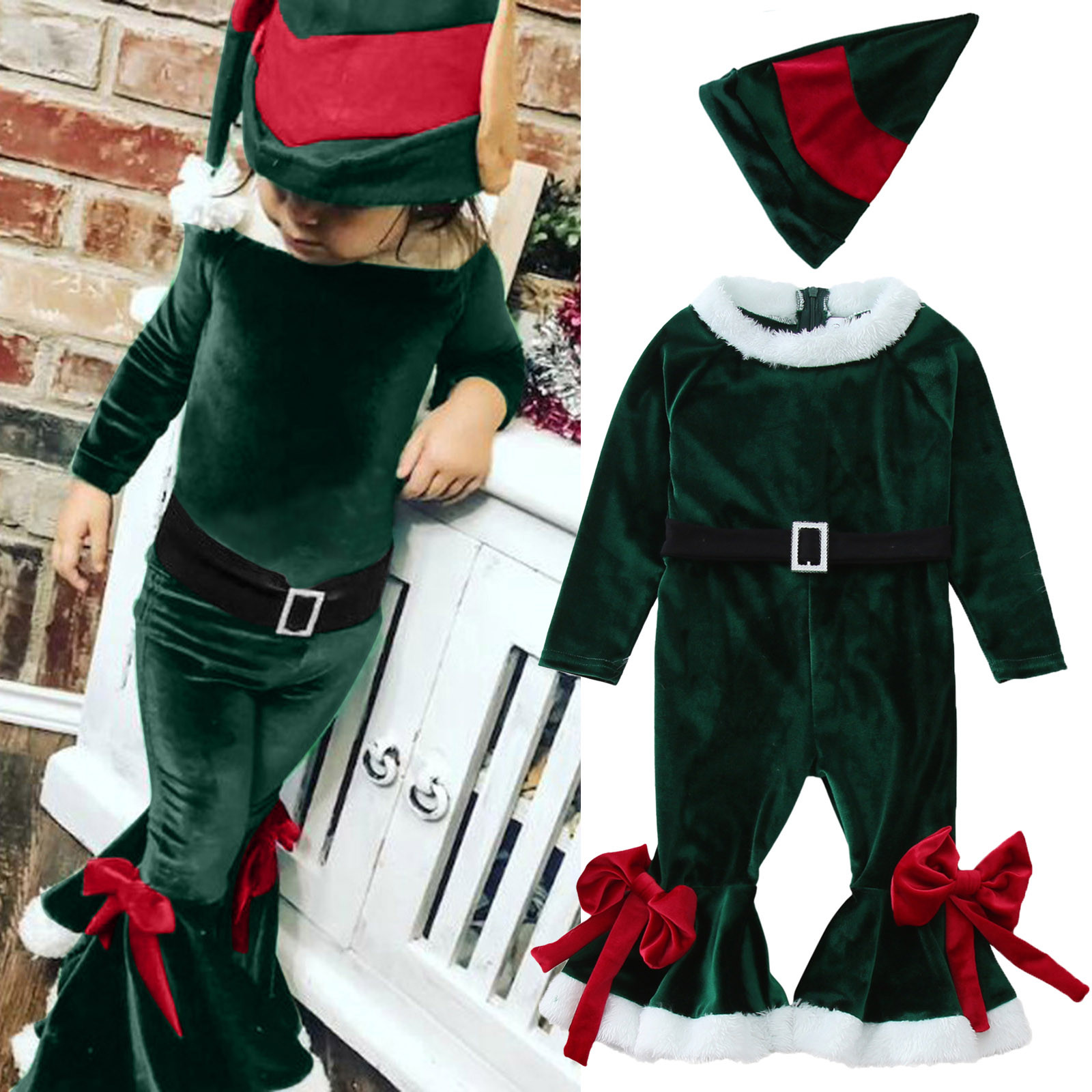 9 Month Old Dress Toddler Girls Christmas Long Sleeve Fleece Bowknot Romper Bell Bottoms Flare Jumpsuit Dressy Jumpsuits Women alx