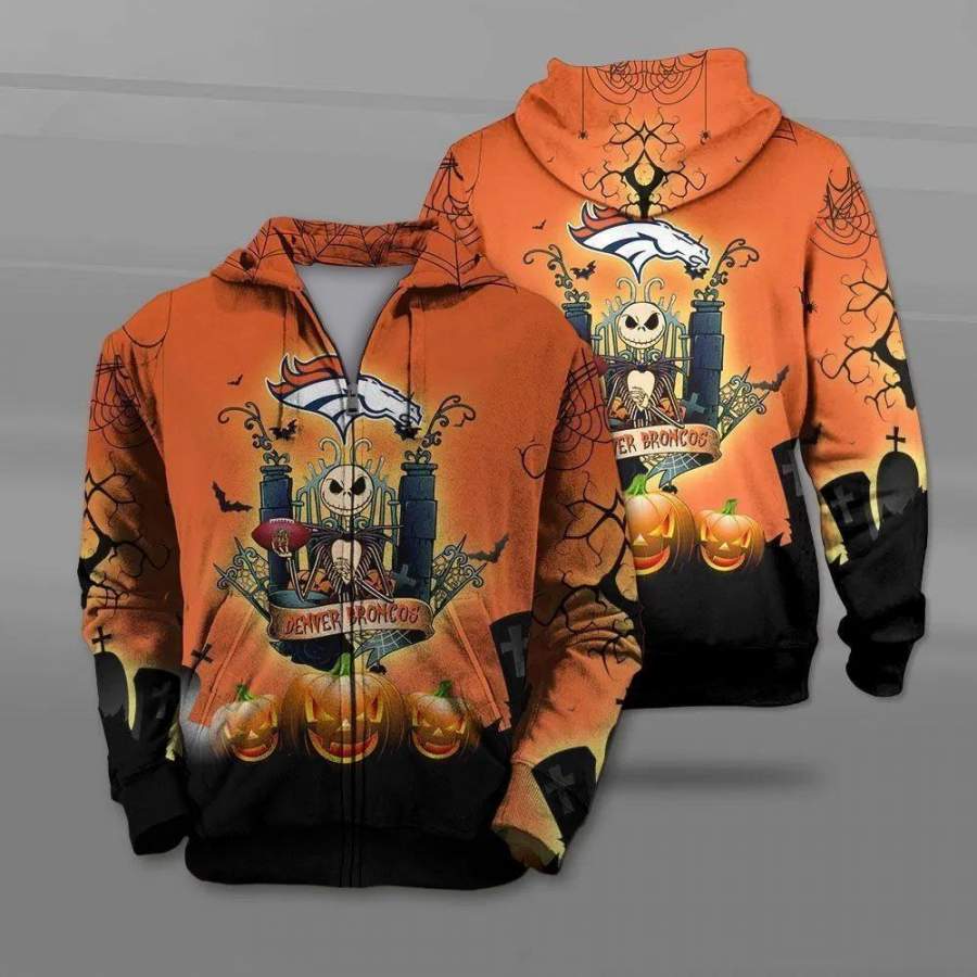 Denver Broncos Jack Skellington Halloween Zip Up Hoodie Unisex 3D All Over Print