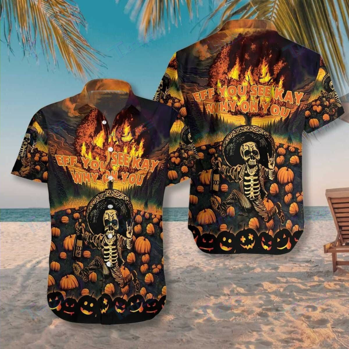 Halloween Burning Pumpkin Skull Eff You See Kay All Over Printed Hawaii Shirt Size S Ha30979