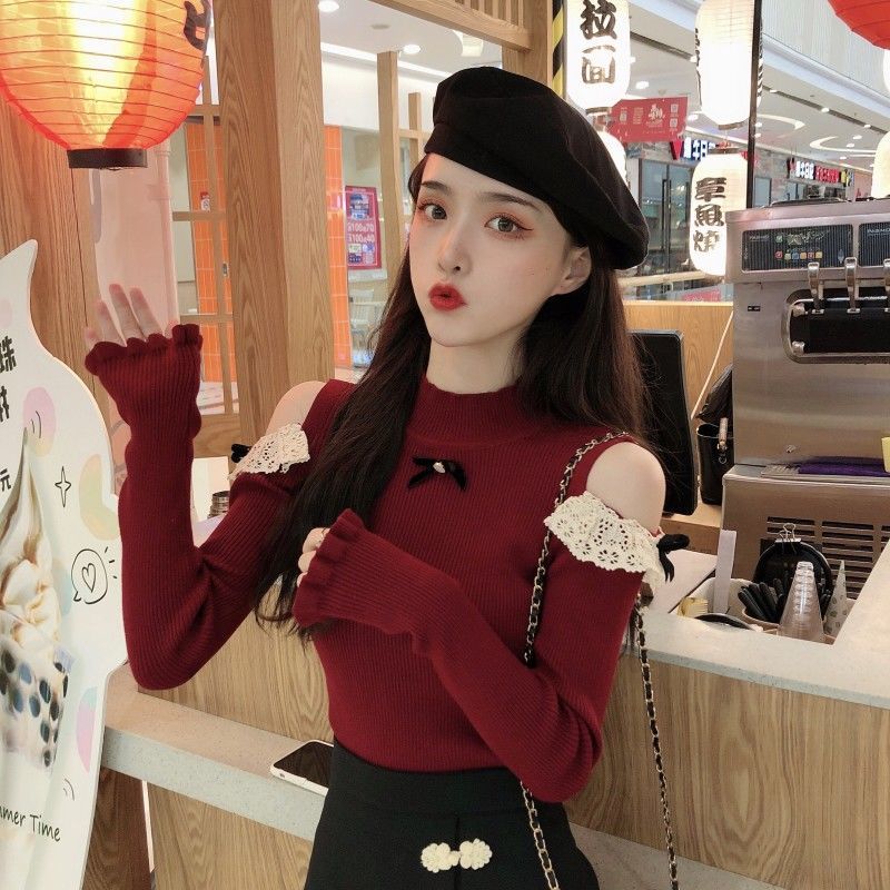 Spring Sweater Pullover 2022 Korean Half High Neck Sweater Design Sense Small crowd Off shoulder Long Sleeve Knitwear Women alx