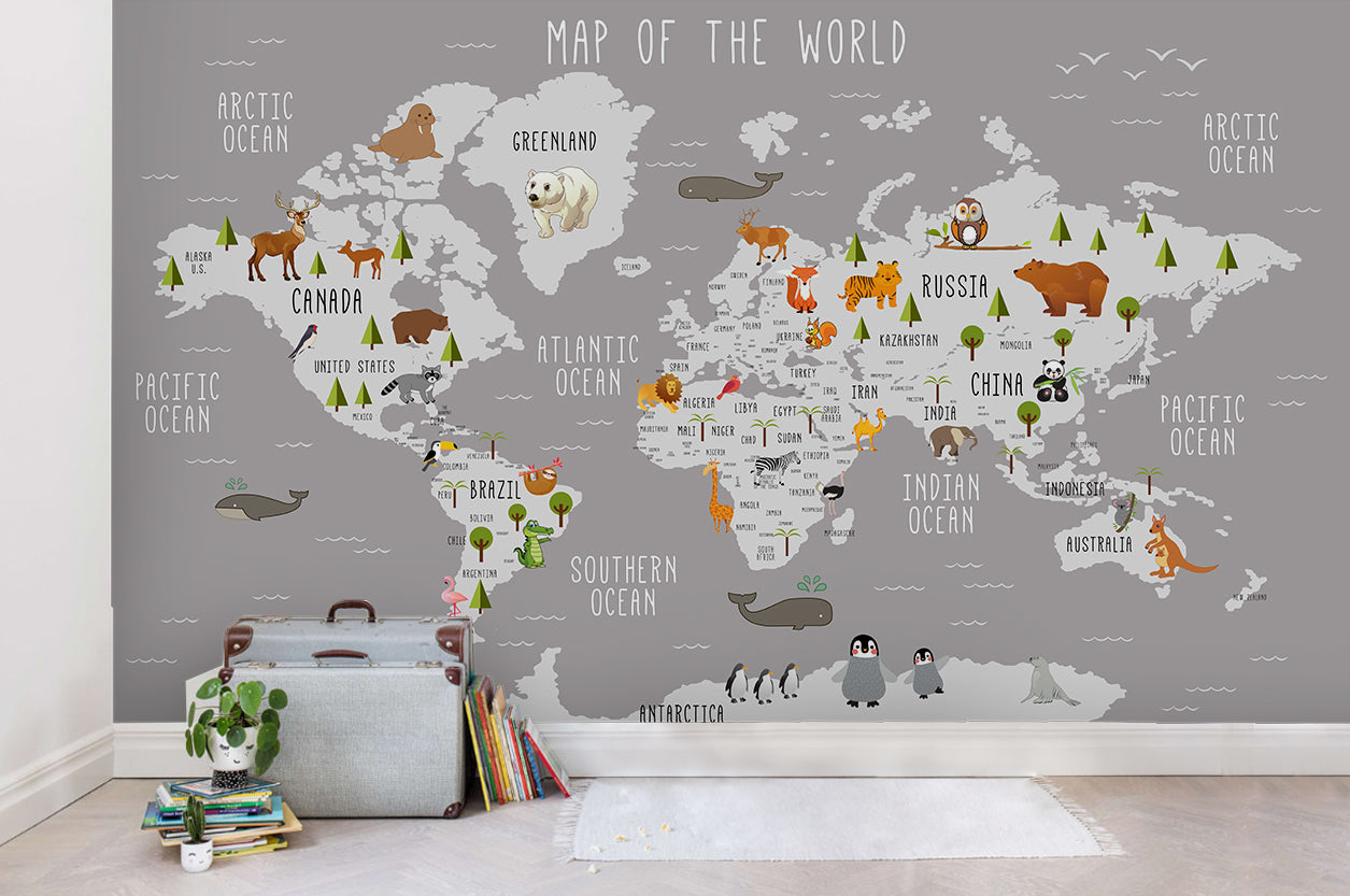 3D Cartoon Grey Animal World Map Wall Mural Wallpaper Lqh 96