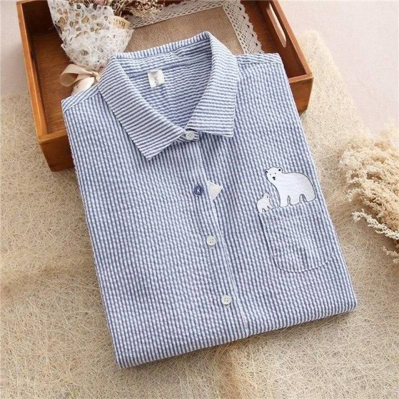 Cartoon Blouse Students Bear Print Striped Pocket Long Sleeve Cute Shirt Loose Women Tops T61105