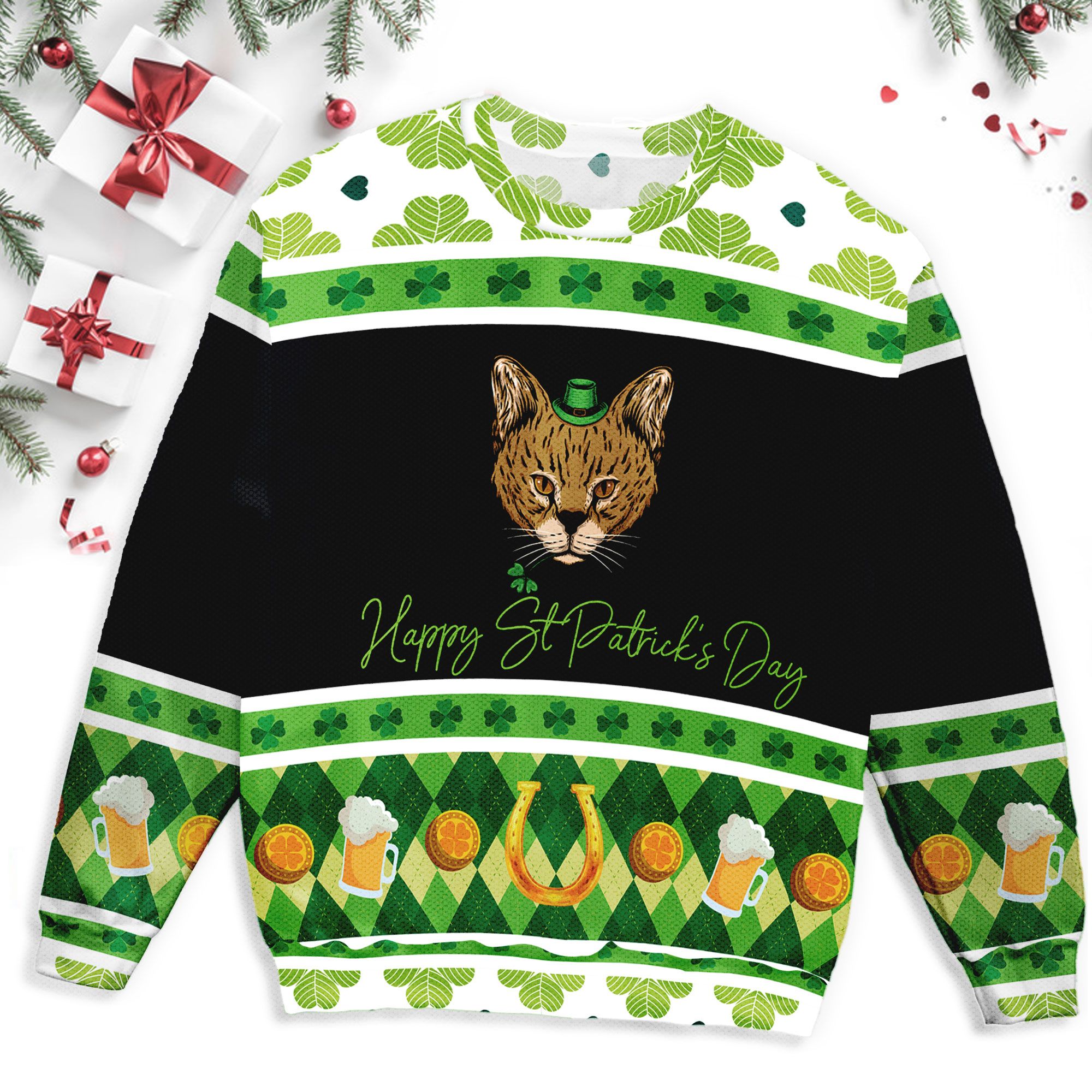 Serval Cat Saint Patrick’s Day Ugly Sweater