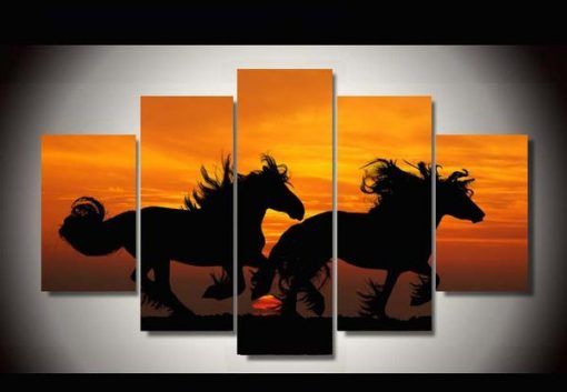 Team Of Horses Silhouette Animal 5 Panel Canvas Art Wall Decor