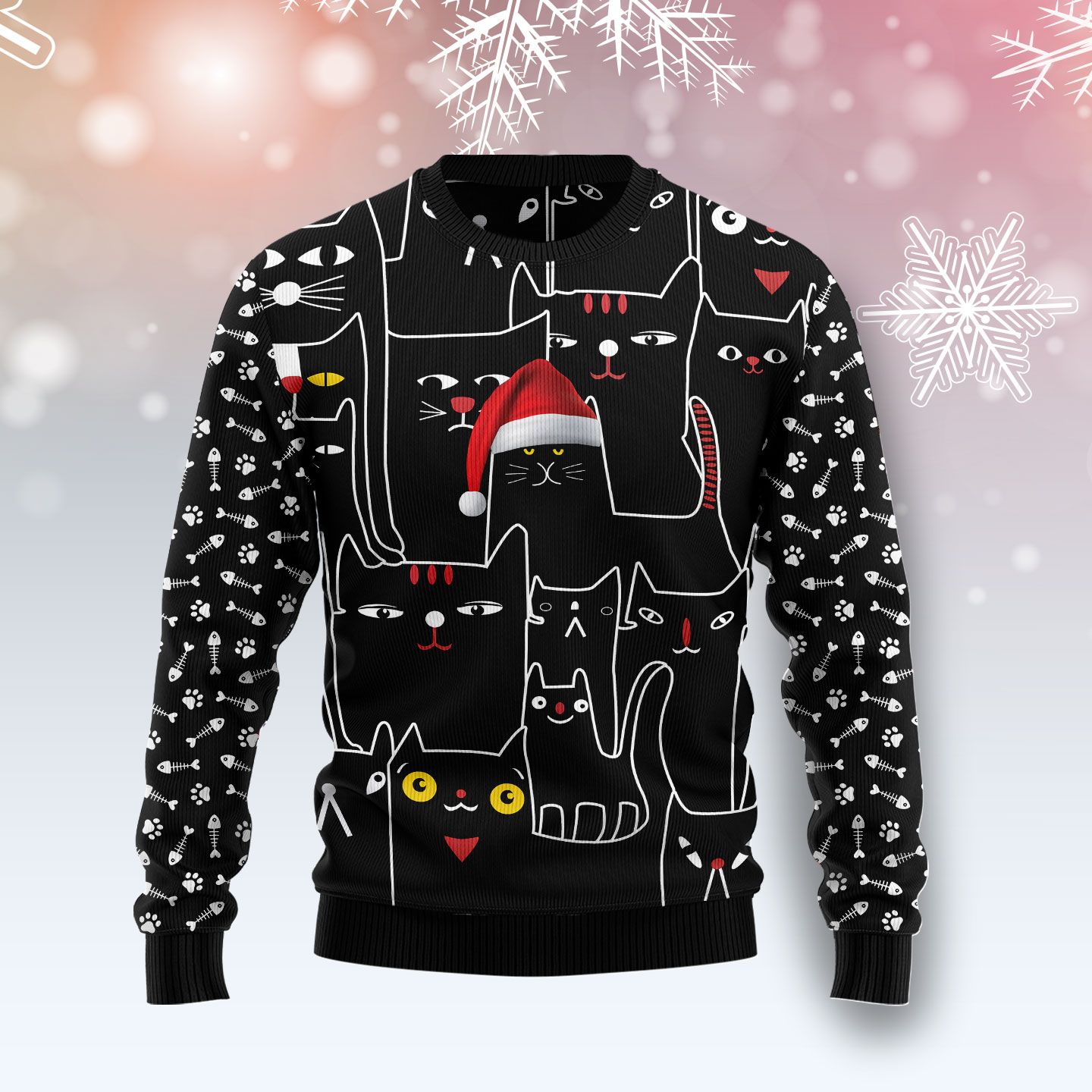 Black Cat With Noel Hat Ugly Christmas Sweater | For Men & Women | Adult | Us5086