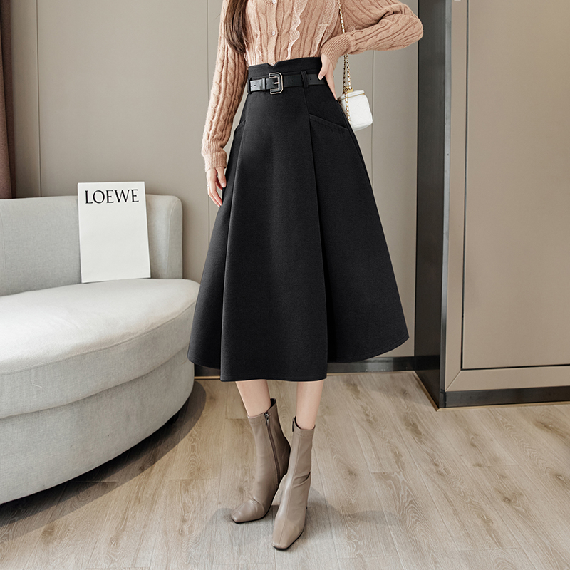 Winter 2022 Warm Woolen Blended Skirt Women With Belt Black Khaki High Waist A-Line Pockets Vintage Elegant Pleated Skirt Femme alx