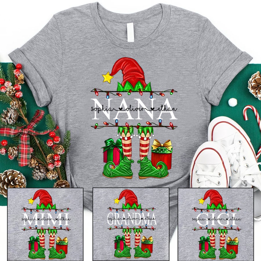 Custom Christmas Nana Elf Shirt, 2022 Christmas Grandma Longsleeve Shirt Custom Kidnames, Custom Nana Mimi Sweatshirt For Christmas