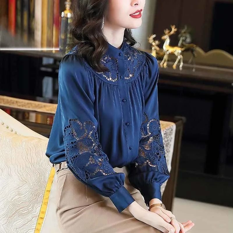 Vintage Lace Hook Flower Hollow SILK Shirt Women Clothing 2022 Spring New Elegant Office Lady Loose Raglan Sleeve Button Blouse alx