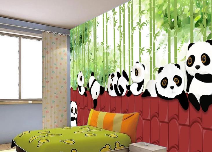 3D Cartoon Bamboo Forest Animal Panda Wall Mural Wallpaper Lqh 396