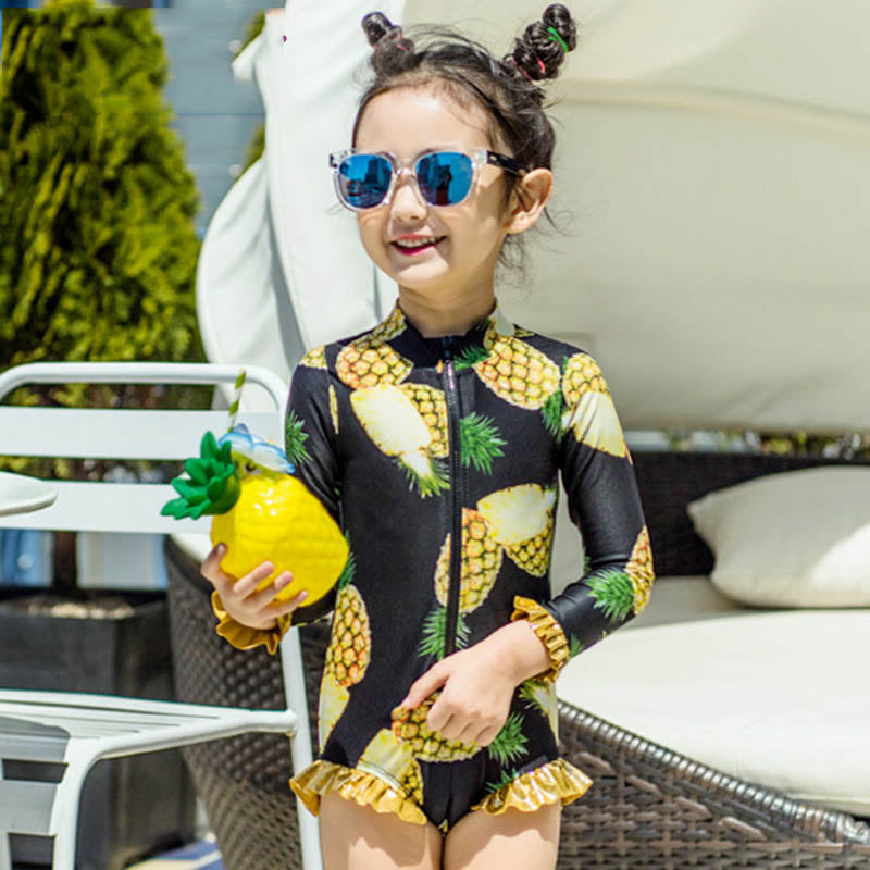 New Children'S Swimwear Cartoon Pineapple Turtleneck Long Sleeve Zip Sunscreen Lovely Girls