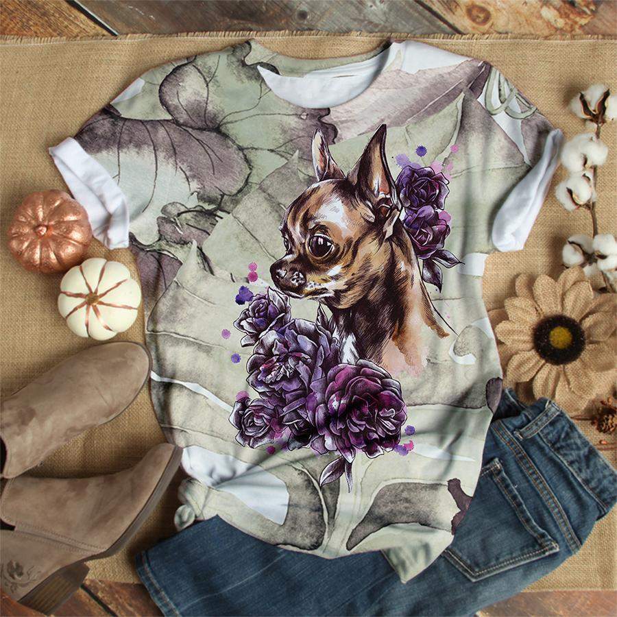 Puppy Chihuahua with flowers T-shirt