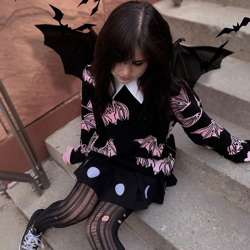 Y2K Gothic Bat Print Black Sweater Fairy Grunge Fashion Winter Aesthetic Pink Black Pullover Harajuku Long Sleeve Top alx