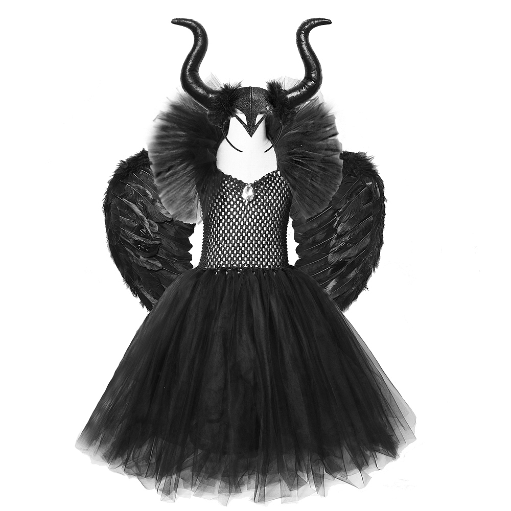 Solid Black Halloween Costumes Kids Girls Tutu Dress Ankle Length Dresses Devil Costume Cosplay Outfits Horns Wings alx