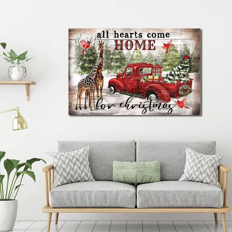 All Hearts Come Home For Christmas Canvas, Christmas Gift, Giraffe Canvas, Christmas Gift, North Pole, Retro Canvas, Love Canvas, Home Decor