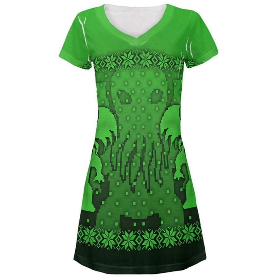 Ugly Christmas Sweater Big Cthulhu Greater Gods All Over Juniors Beach Cover-Up Dress