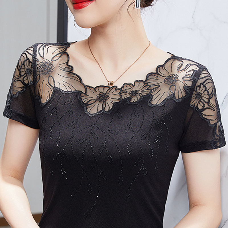 Summer 2022 New Bottoming Shirt Gauze T-shirt Women’s Lace Embroidery Hollow Short-Sleeved Top Female Camisetas Blusas alx