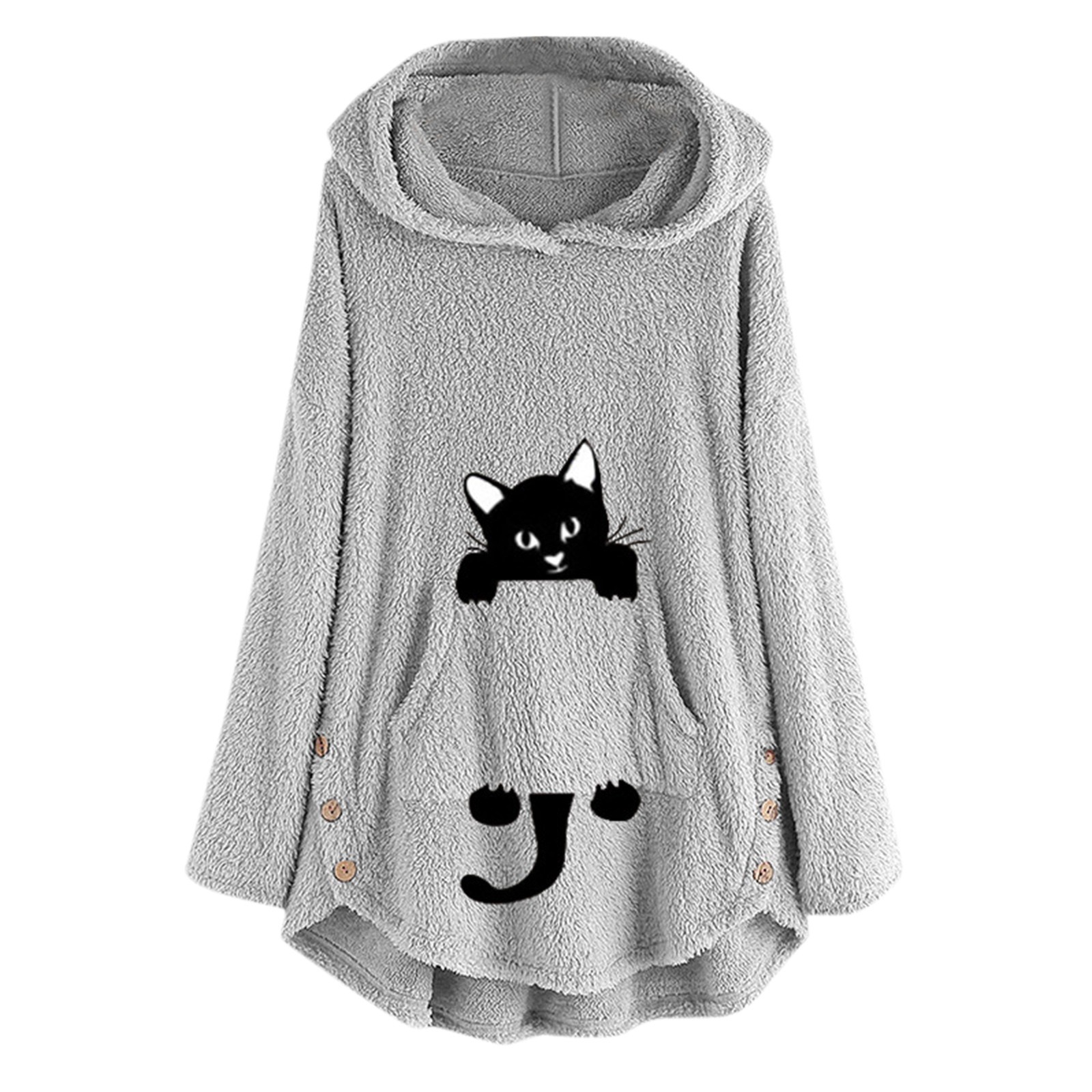 Cat Embroidery Hoodies Women Autumn Winter Warm Velvet Fleece Sweatshirts Hooded Irregular Fleece Jacket Cute Girl Pullover Tops alx