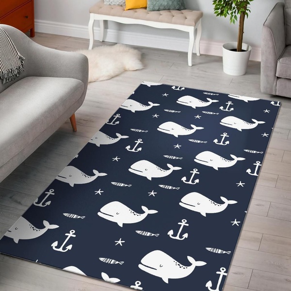 Black And White Anchor Humpback Whale Area Rug Home Decor