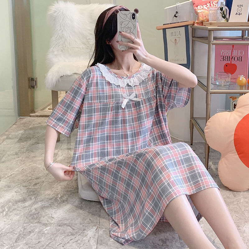 Women Short Sleeve Nightgowns Ruffles Bow Sweet Plaid Ulzzang Students Trendy Loose Pleated Kawaii Teens Retro Cozy Sleepshirts alx